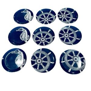 9 Pc Melamine 6” Appetizer Snack Plates Beach Seahorse Navy Blue White